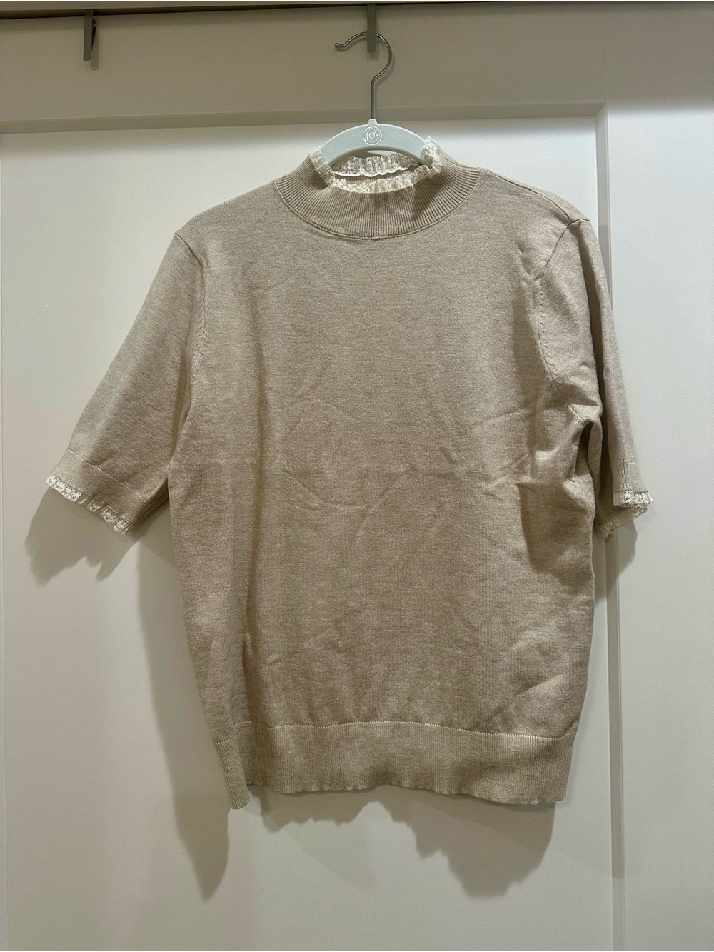 VILA Light Beige Crewneck Short Sleeve Knit with Lace Trim